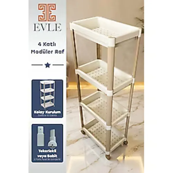 EVLE 4 Katlı Tekerlekli Modüler Raf Ünitesi - Çok Amaçlı Mutfak Banyo Balkon Düzenleyici