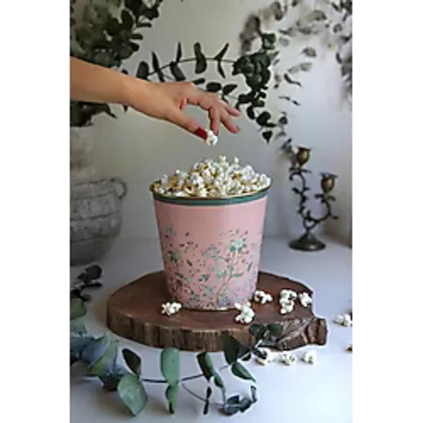 Evle-Metal Popcorn Kutusu - Patlamış Mısır Kovası 13.5 Cm, Botanica (Botanica Pink) - Afrika Cevizi Rengi - 0,21 lt