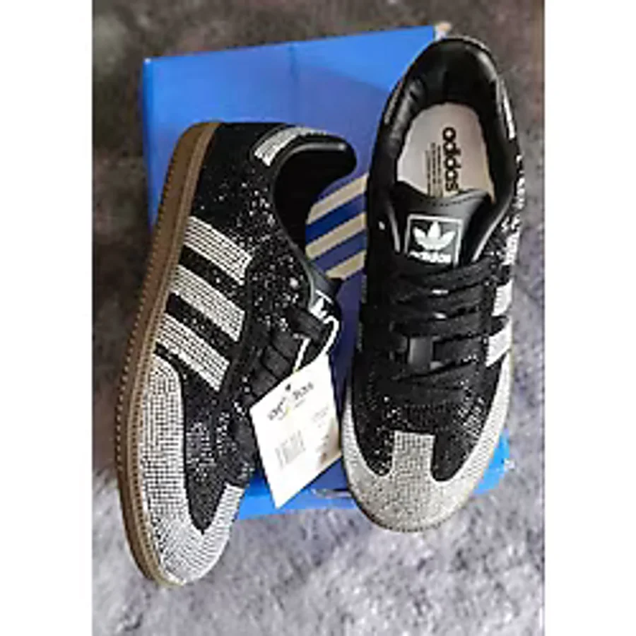 Evlium Adidas Samba Tasarım Kadın Siyah Taşlı Sneaker Ayakkabı - Özel Kristal Işlemeli Lüks Tasarım - 0 - Siyah - 38