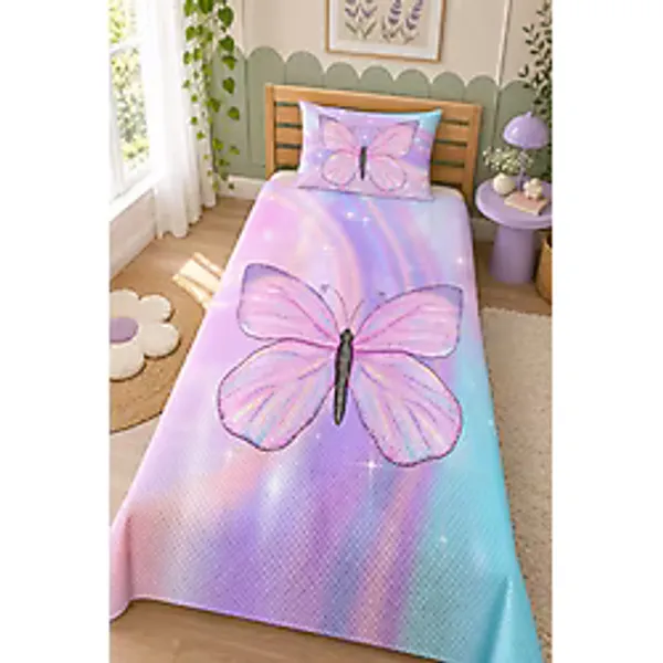 Evmila Kelebek Desenli Bebek ve Çocuk Baskılı Tek Kişilik Pike Takımı 160x230 Pembe