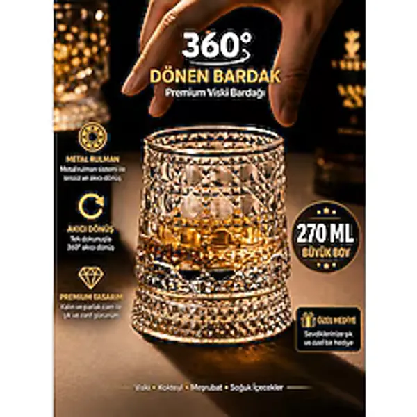 Evmora 360 Derece Dönen Metal Rulmanlı Premium Viski Bardağı - Kristal Desenli Cam Kokteyl Bardağı - 1 Adet - 270 ml