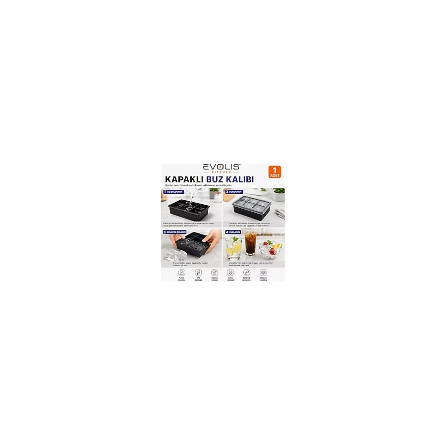 Evolis Kitchen 1 Adet 6 Bölmeli Büyük Boy Kapaklı Silikon Buz Kalıbı Silikon Kare Buzluk Kokteyl Sunum Buz Kalıbı Et Suyu Saklama Kalıbı - 0 Siyah