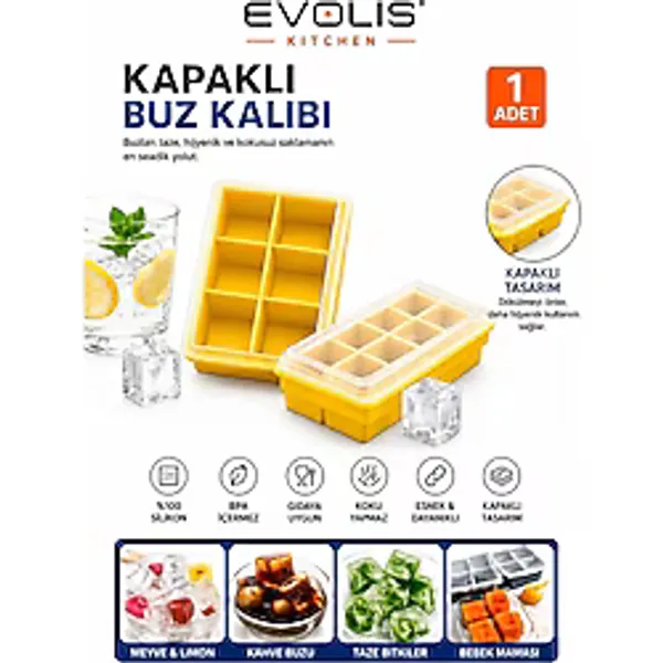 Evolis Kitchen 1 Adet 6 Bölmeli Büyük Boy Kapaklı Silikon Buz Kalıbı Silikon Kare Buzluk Kokteyl Sunum Buz Kalıbı Et Suyu Saklama Kalıbı - Limon Sarısı