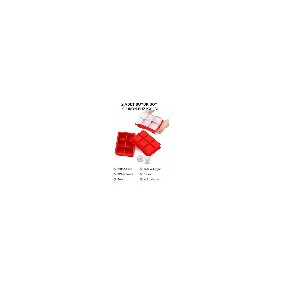 Evolis Kitchen 2ADET (6 Bölmeli Büyük Boy Silikon Buz Kalıbı Silikon Kare Buzluk Kokteyl Çok Amaçlı (Kırmızı)