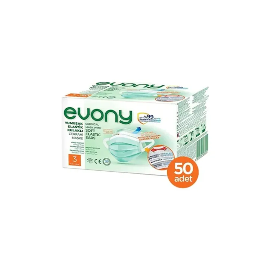 Evony 3 Katlı Yumuşak Elastik Kulaklı Yeşil 50'li Cerrahi Maske