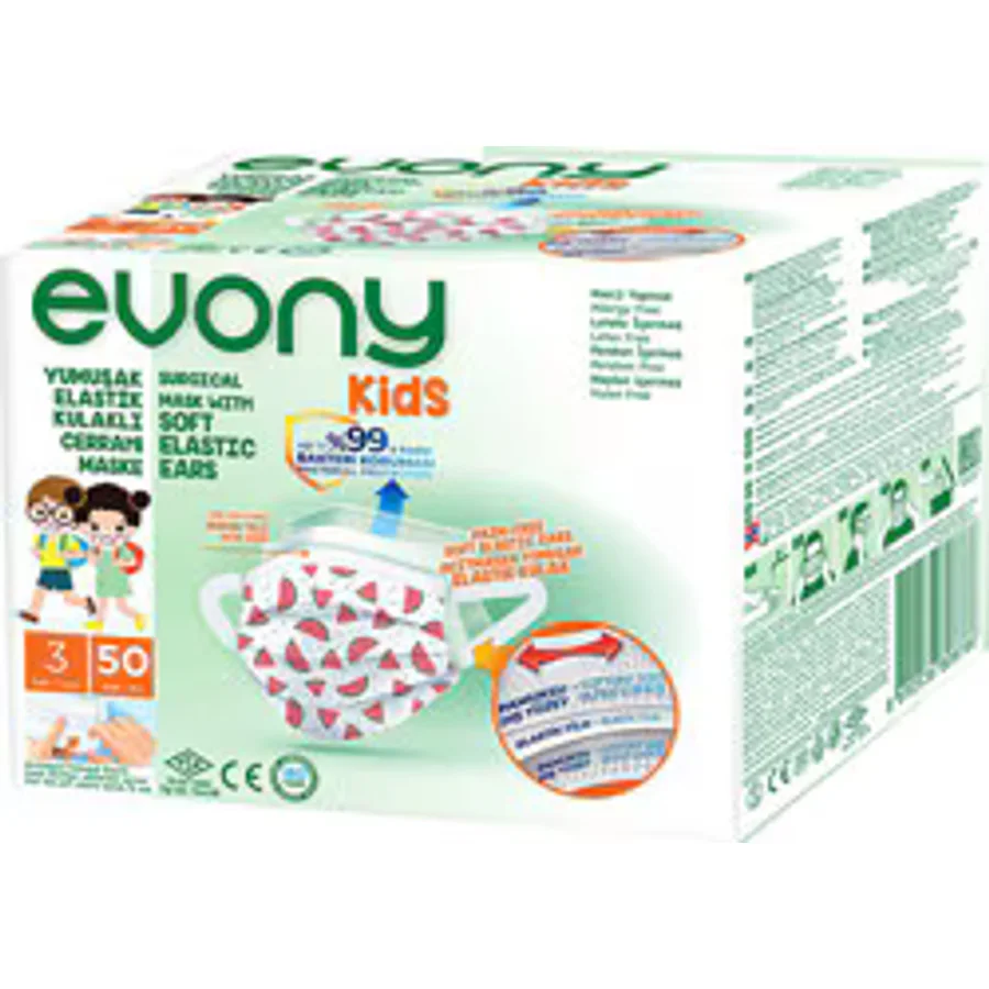 Evony Kids 3 Katlı Yumuşak Elastik Kulaklı Desenli 50'li Çocuk Yüz Maskesi