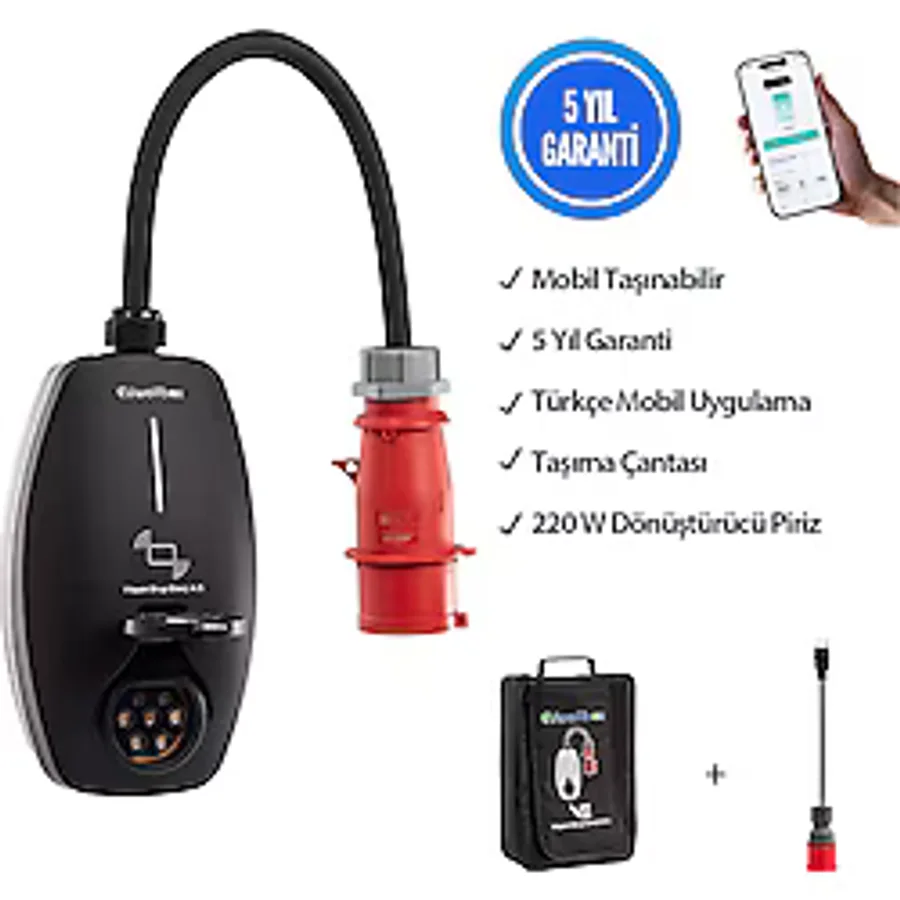 EVwallbox 22KW V3 Türkçe Mobil Uygulama 5 Yıl Garanti Taşınabilir Elektrikli Araç Şarj Cihazı (TAŞIMA ÇANTASI ve 220V DÖNÜŞTÜRÜCÜ PRİZ HEDİYE)