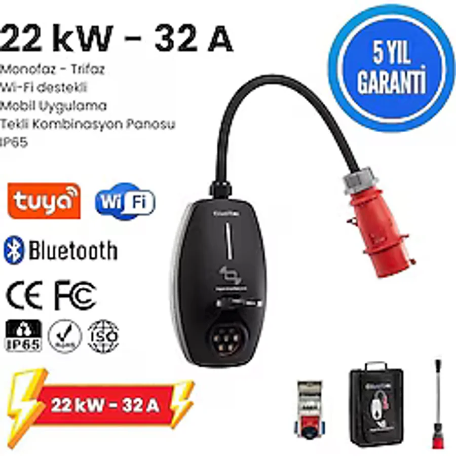 Evwallbox 22KW V3 Türkçe Mobil Uygulama 5 Yıl Garanti, (Tekli Kombinasyon Panosu, Taşıma Çantası ve 220V Dönüştürücü Adaptör)
