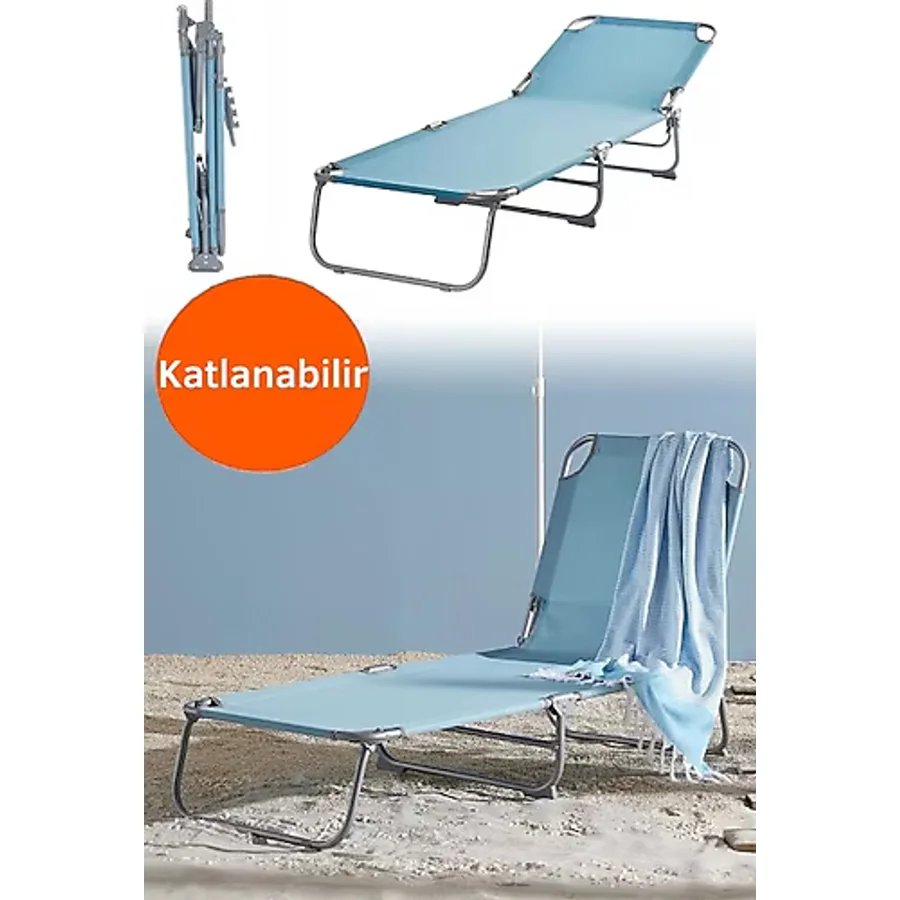 Express Reyon Katlanabilir Şezlong Bahçe & Balkon & Teras & Plaj Şezlongu-su Mavisi