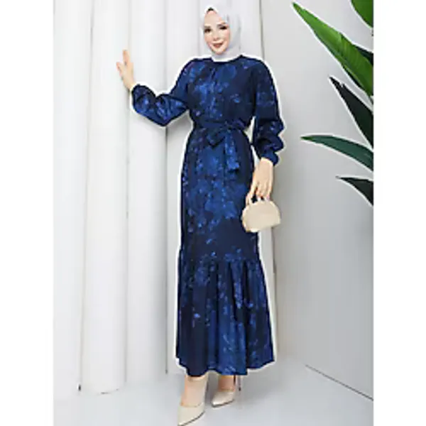 exxit collection Kadın Uzun Tesettür Şık Elbise - Kemerli Cesika Kumaş Baskı Desenli Tesettür Elbise Uzun Kollu 140CM Uzunluğunda