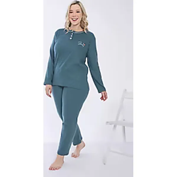 Eyfuze Kadın Kışlık Büyük Beden Yakası Düğmeli Uzun Kollu İnterlok Pijama Takımı