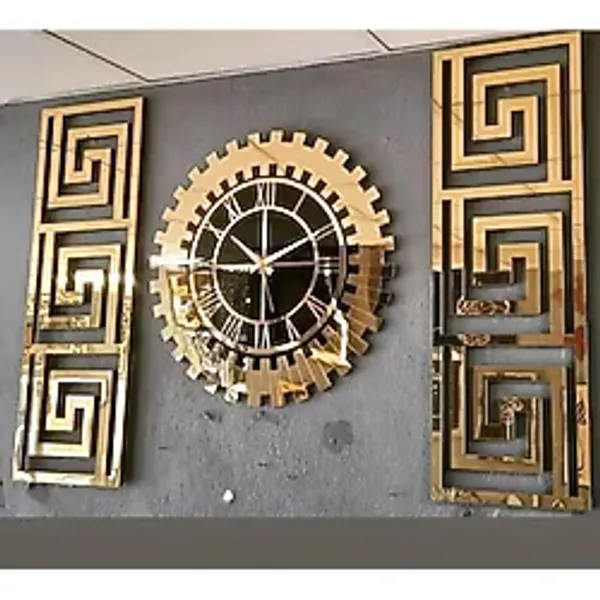 EYKA STORE Büyük Boy Xl Dekoratif 3 Lü Set Pleksi Gold Aynalı Şık Duvar Saati Ve Dekoru.