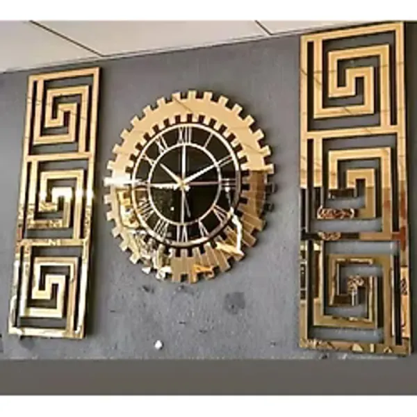 EYKA STORE Dekoratif 3 Lü Set Pleksi Gold Aynalı 3d Kabartmalı Duvar Saati Ve Dekoru