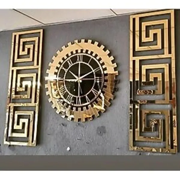 EYKA STORE Dekoratif 3 Lü Set Pleksi Gold Aynalı Şık Duvar Saati Ve Dekoru