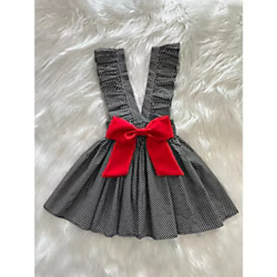Eylülce Butik KIZ ÇOCUK SİYAH BEYAZ PUANTİYE KIRMIZI FİYONKLU FIRFIR ASKILI SALOPET ELBİSE (%100 PAMUK KUMAŞ)