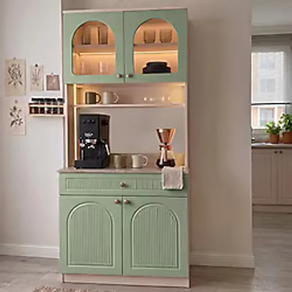 Eymense Hera Kahve Köşesi %100 Mdf Mutfak Dolabı Camlı Çok Amaçlı Dolap Sensör Ledli Raflı Yeşil Bej
