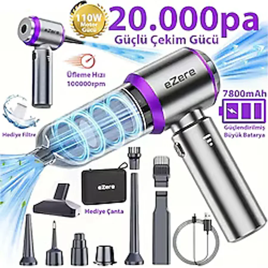 Ezere 20000Pa Güçlü Portatif Taşınabilir Vakumlu Kablosuz Üflemeli Mini Araç Süpürgesi