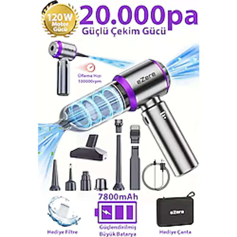 EZERE 7800 mAh Güçlendirilmiş Pil 20000pa Güçlü Portatif Vakumlu Kablosuz Üflemeli Mini Araç Süpürgesi