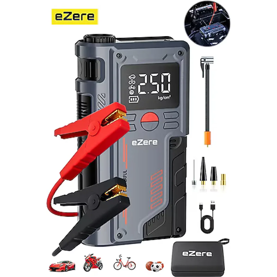 EZERE ST-9631 Pro 4in1 Şarjlı Akü Takviye & Lastik Şişirme Powerbank & LED Işıklı, 150 PSI Yüksek Basınçlı