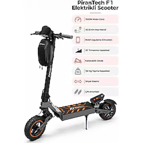 F1 Elektrikli Scooter 1000W Turuncu Mobil Uygulama Çift Amortisör Uzun Menzil