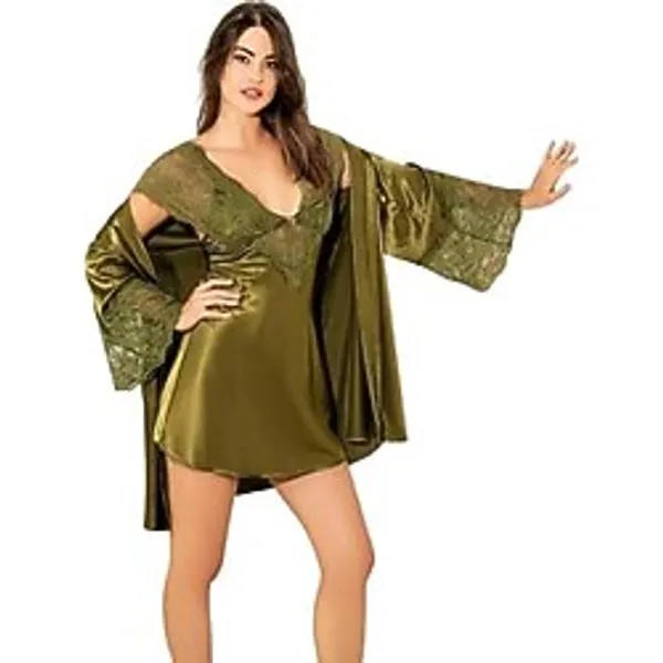 FAAL Saten Dantel Detaylı Gecelik Sabahlık İkili Takım Haki Yeşil F2062 (XL)