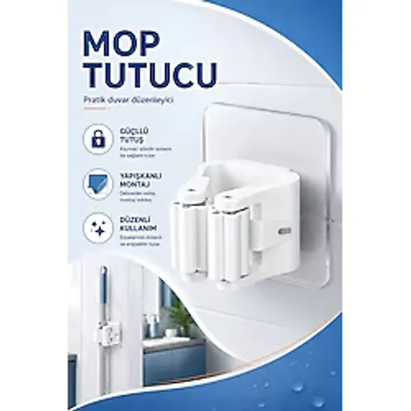 Factorial Yapışkanlı Mop Tutucu Süpürge Faraş Askısı Mutfak Düzenleyici Fonksiyonel Tasarım Konforlu Kullanım