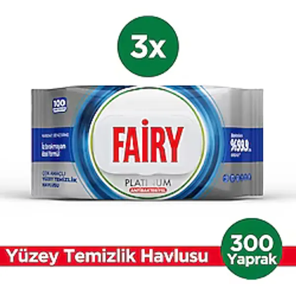 Fairy Platinum Antibakteriyel Yüzey Temizlik Havlusu 100 Yaprak 3 Adet Beyaz Sirke & Karbonat