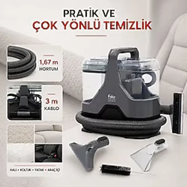 Fakir Koltuk, Halı ve Araç Içi Döşemeler İçin Su Püskürtmeli Temizleme Makinesi, 600 W Motor, Çıkarılabilir Çift Su Haznesi ve Kompakt Gövde - Siyah