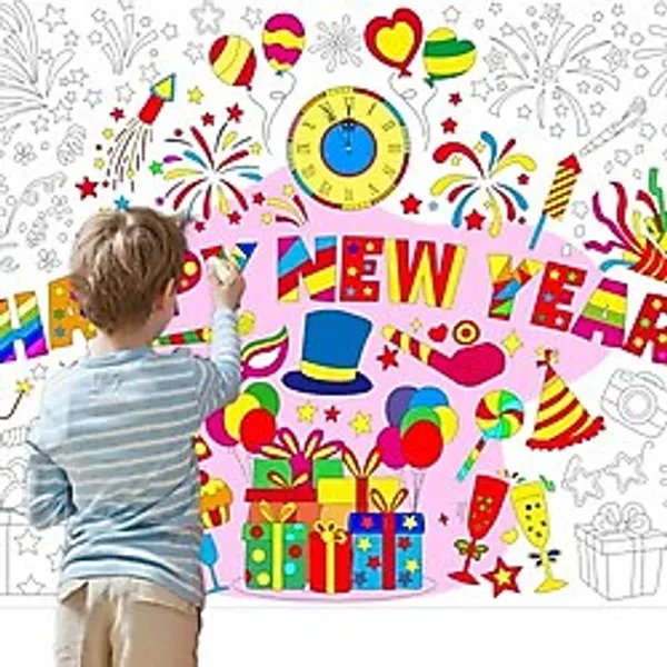 FANCY LAND Happy New Year Çocuklar için Dev Boyama Posteri Büyük Resim Masa Örtüsü Yılbaşı Partisi Malzemeleri Sınıf Ev Aktiviteleri için 31,4 x 43,3 İnç