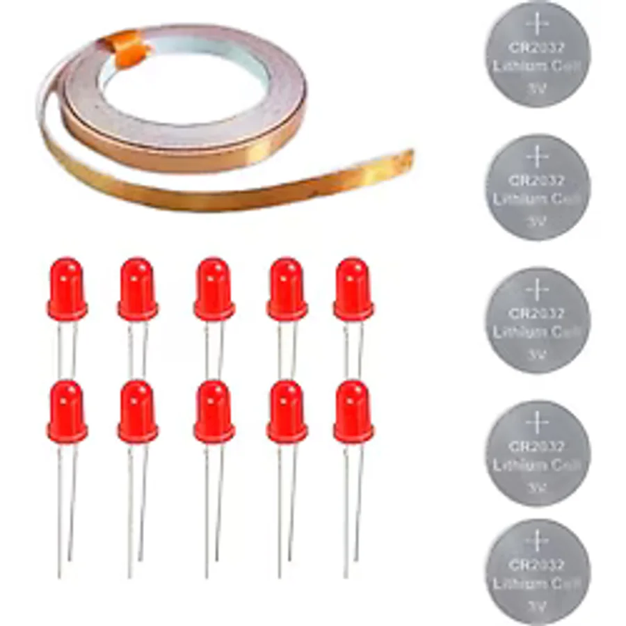 Fapatech Bakır Folyo İletken Bant ,Cr2032 Lityum Pil ,5mm LED Seti - Kağıttan Devre Kit