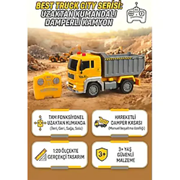 Farbu Oyuncak Kumandalı Pilli Işıklı 1:20 Ölçek Sesli Eğitici Oyuncak Damperli Kamyon Araba - Sarı