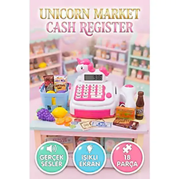 Farbu Oyuncak Unicorn Tasarımlı Işıklı ve Sesli Yazar Kasa Pilli ve Tam Fonksiyonel Tuş Takımlı Oyun Seti - Çok Renkli