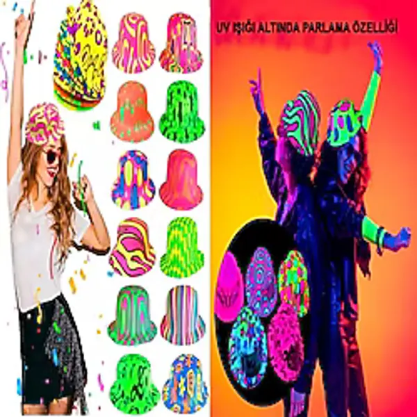 Farklı Desenlerde Plastik Neon Uv Işık Parti Şapkası 1 Adet