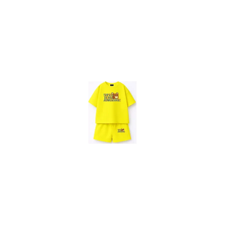 Fasardi Super Bear Adventure Süper Ayı Baskılı Oversize %100 Pamuk Tişört Şort 2li Çocuk Takım - 8 - 9 Yaş - Sarı