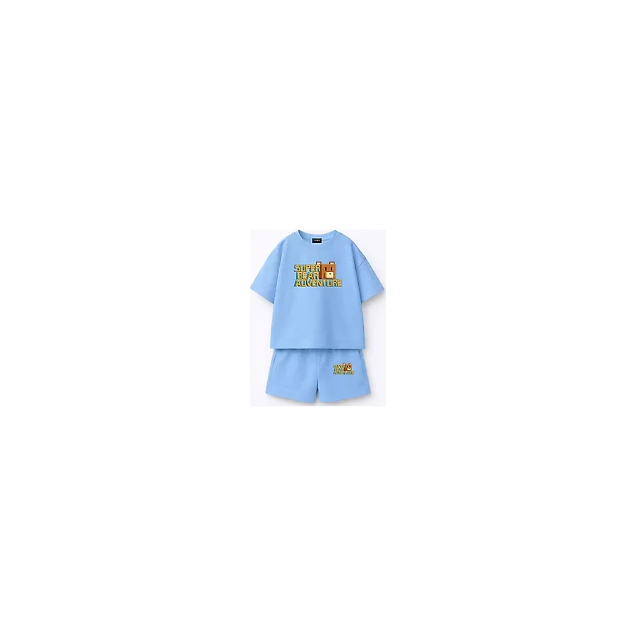 Fasardi Super Bear Adventure Süper Ayı Baskılı Oversize %100 Pamuk Tişört Şort 2li Çocuk Takım - 6 - 7 Yaş - Mavi