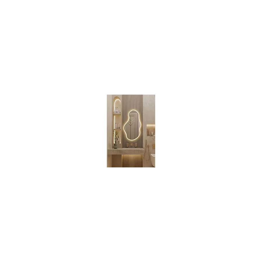 Fawdecor Led Işıklı Asimetrik Model Dekoratif Duvar Aynası, Modern Eşsiz Ayna, Ayna Duvar Dekorasyon Ürünü 30 x 60 Cm Gün Işığı