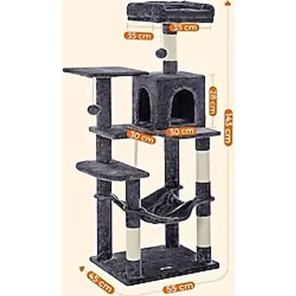 Feandrea PCT161G01 tırmalama ağacı, 143 cm yüksekliğinde, kedi ağacı, çok katlı kedi evi, 4 tırmalama sütunu, 2 platform, hamak, mağara, duman grisi