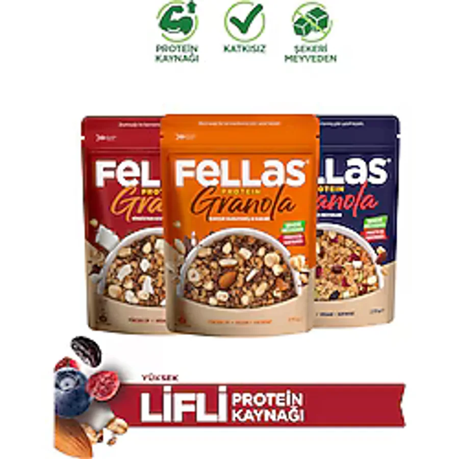Fellas Protein Granola 3'lü Mix Paket - Hindistan C. & Kırmızı Meyveler & Karışık Kuruyemişli (270G)