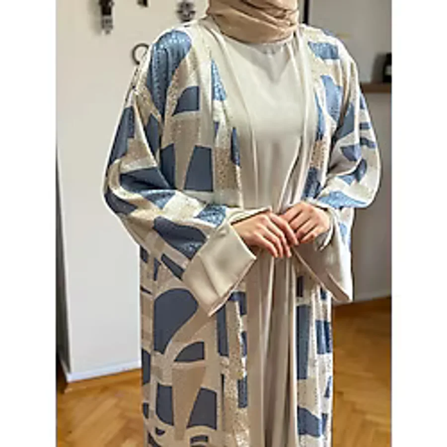Fendel Desenli Saten 2'li Abaya 1875 Navra Fendel - Mavi - 44