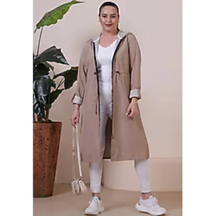 Ferace Kadin Uzun Tesettur Trenckot Buyuk Beden Fermuarlı Trenc