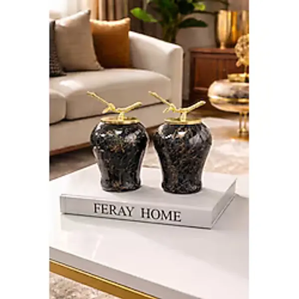 Feray Home Dekoratif Obje Şah Küp 2 Li Gold Dal Zamaklı Siyah Mermer