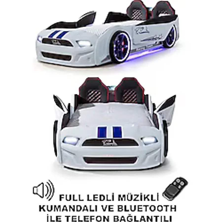 Ferramini Beyaz Arabalı Yatak Kapıları Açılan Mustang Full Ledli Kumandalı Ve Müzikli
