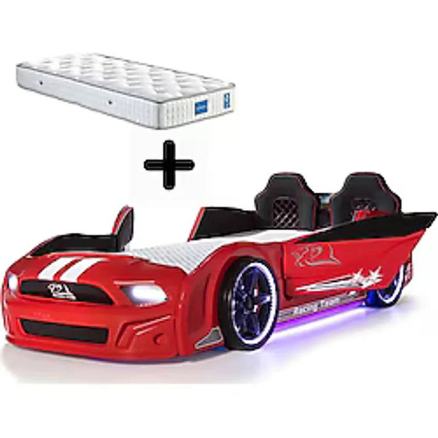 Ferraminii Kırmızı Arabalı Yatak Kapıları Açılan Mustang Full Ledli Kumandalı ve Müzikli + Ortopedik Yatak - 90 x 190 cm