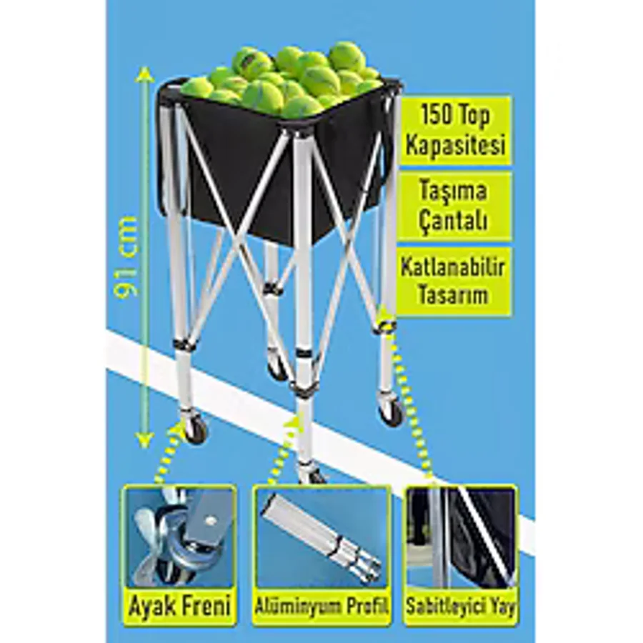 Feyza Design Tekerlekli 150 Top Kapasiteli Tenis Topu Sepeti, Pratik ve Şık Tasarım - Ahşap - Seçenek 1
