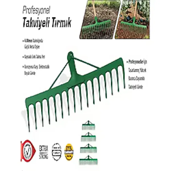 Feyza Yapı Takviyeli Tırmık Dişli Metal Bahçe Tırmığı Çim Toprak Taş Toplama Tırmığı (16 Diş)