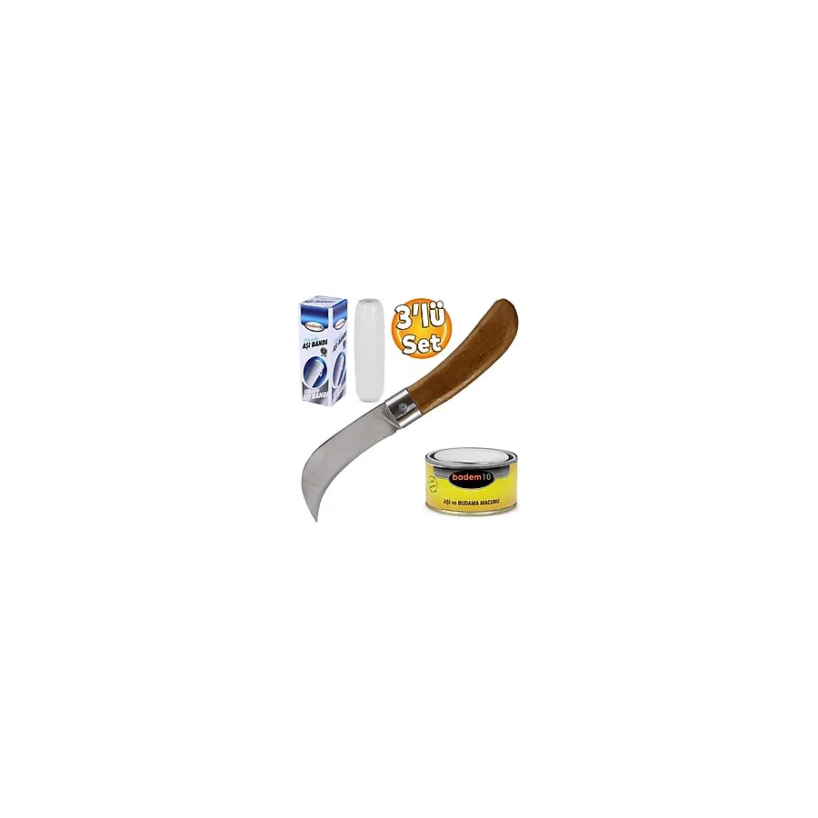 Fidan Aşı Bıçağı Eğri Uçlu Bağ Bıçağı Çakısı + Aşı Bandı + Aşı Macunu (3'Lü Set)