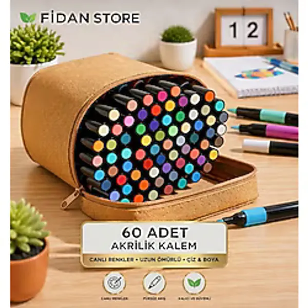 Fidanx Akrilik Kalem Marker Kalem Seti Boya Kalem Seti 60 Renk - Karışık Çok Renkli - 60 adet