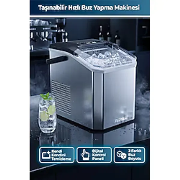 Fineblue Taşınabilir Hızlı Buz Yapma Makinesi 230V, 12 kg Kapasiteli Boyut Ayarlı Buz Makinesi - 1 lt