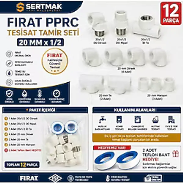 Fırat Pprc 20 mm x 1/2 Kombi Kalorifer Musluk Bağlantı Seti 12 Parça Tesisat Tamir Seti + 2 Adet Teflon Bant Hediye