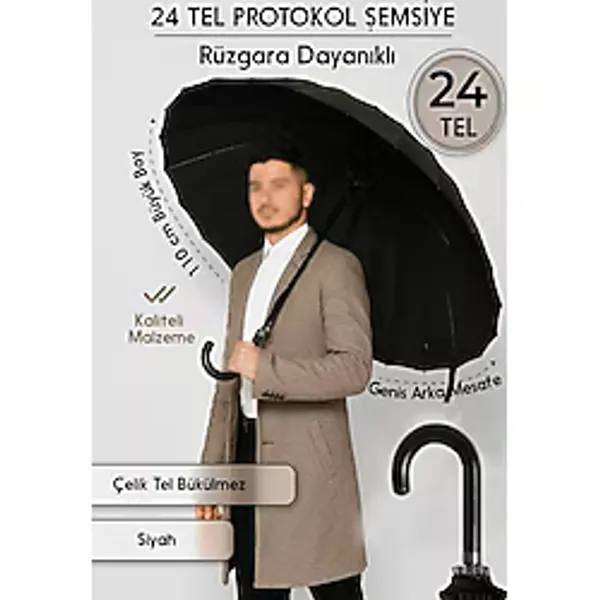 Fitfiyat 24 Tel Rüzgara Dayanıklı Baston Protokol Şemsiye Siyah Çoban Şemsiye